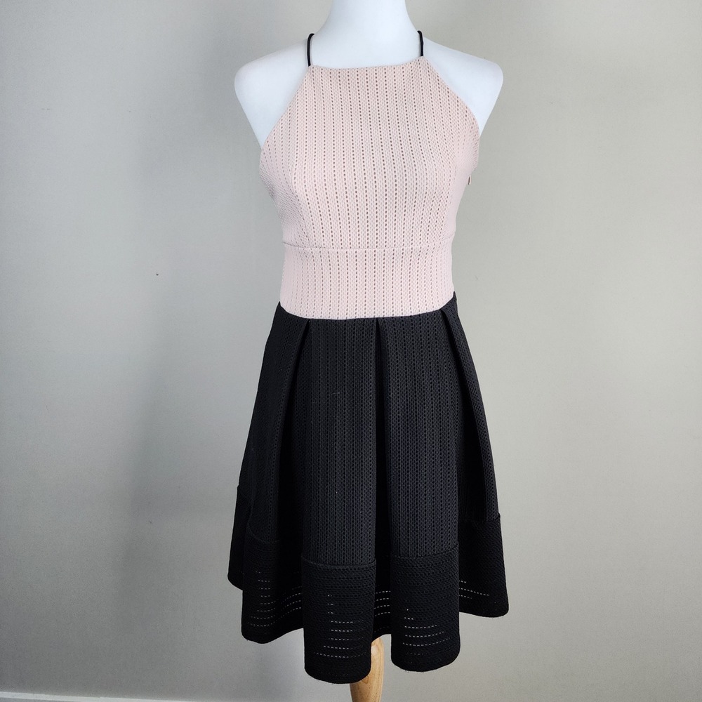 Twik Fit Flareβ Mini Dress Womens Small Pink Black Mesh Halter Skater Coquette